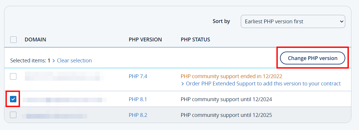 PHP status of domains in IONOS customer account Image: PHP status of domains in IONOS customer account