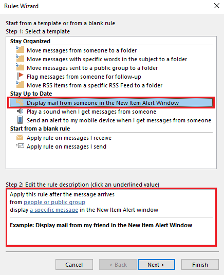 Outlook Rules Wizard: Selecting rule templates Image: Outlook Rules Wizard: Selecting rule templates