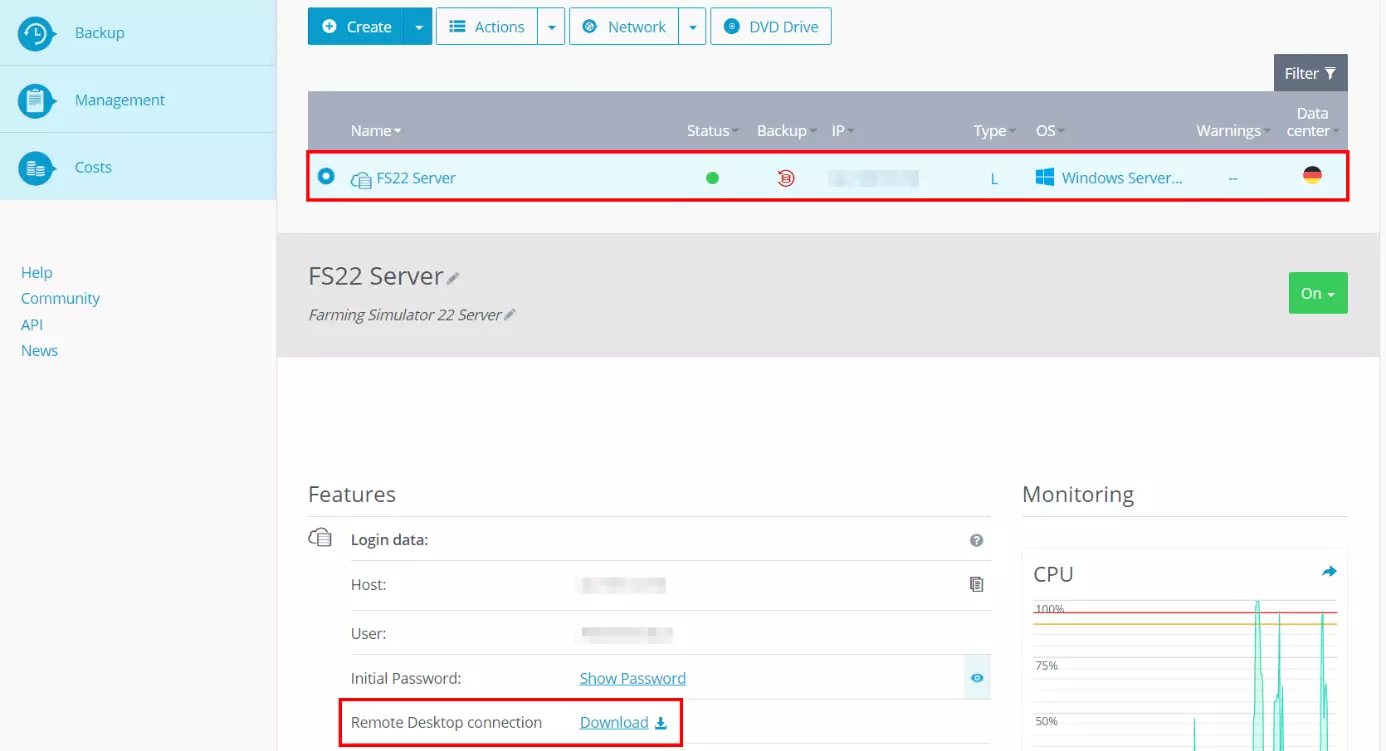 Image: Login data to server in IONOS Cloud Panel