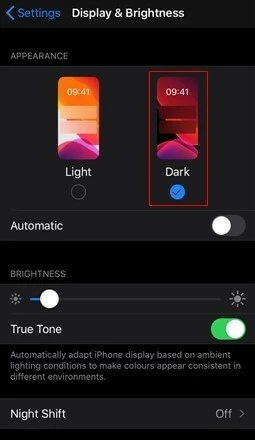 Screenshot of enabling dark mode iOS Image: Screenshot of enabling dark mode iOS