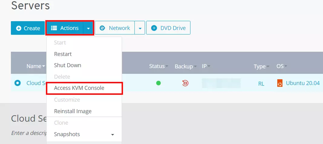 Start the KVM console in your IONOS customer portal Image: Start the KVM console in your IONOS customer portal