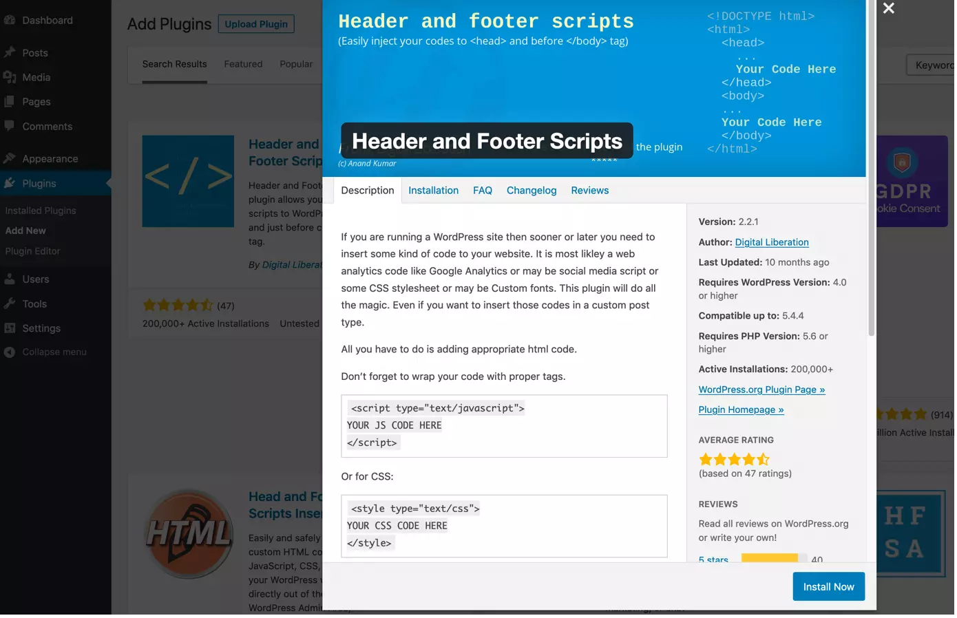 Image: Install Header and Footer Scripts plugin