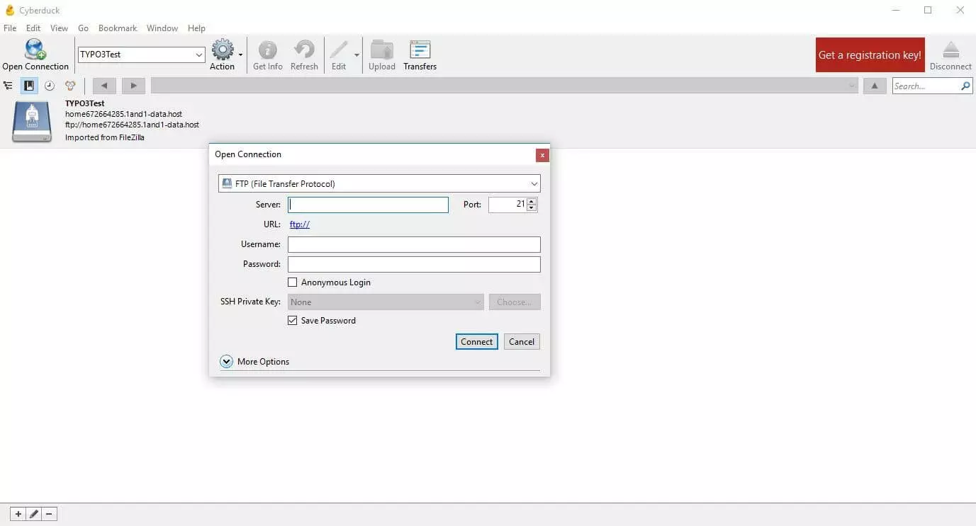 Image: Cyberduck: Menu for establishing a new FTP connection
