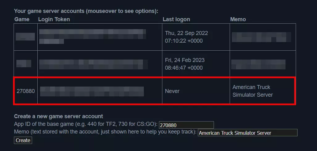 Server accounts in the Steam Game Server Account Management tool Image: Server accounts in the Steam Game Server Account Management tool