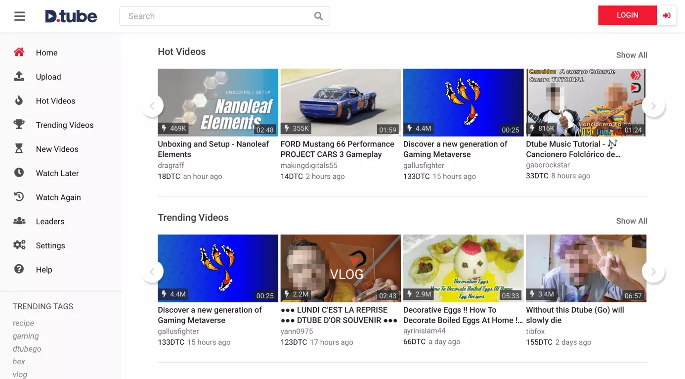Image: Screenshot of DTube main page