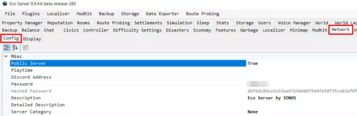 Image: Eco server tool: General server settings
