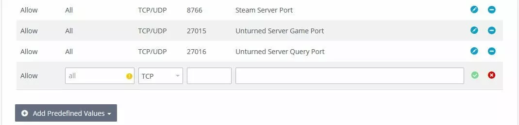 Image: Defined port rules in IONOS Cloud panel