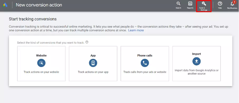 Image: Different options for conversion tracking in Google Ads