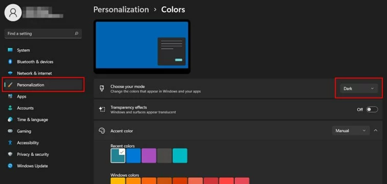 Screenshot of the dark mode option in Windows 11 Image: Screenshot of the dark mode option in Windows 11