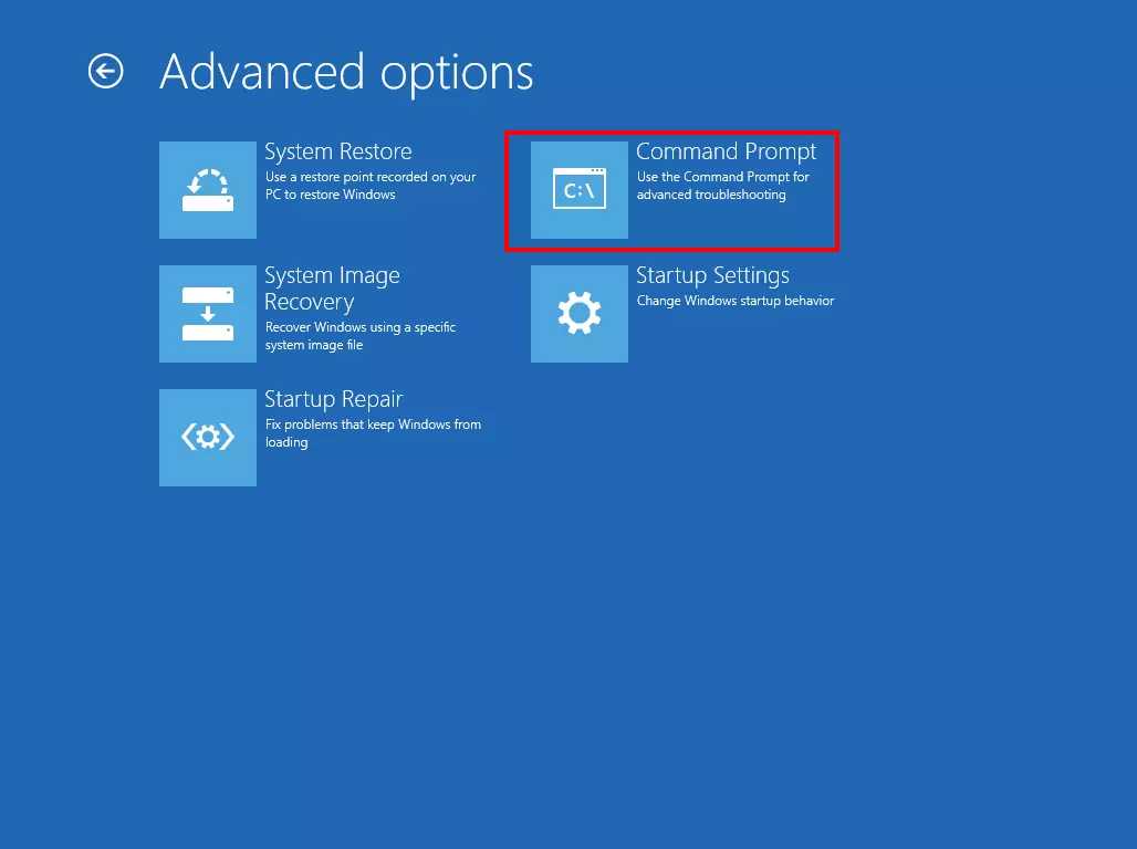 Image: Windows 8 system recovery: advanced options with the command prompt option