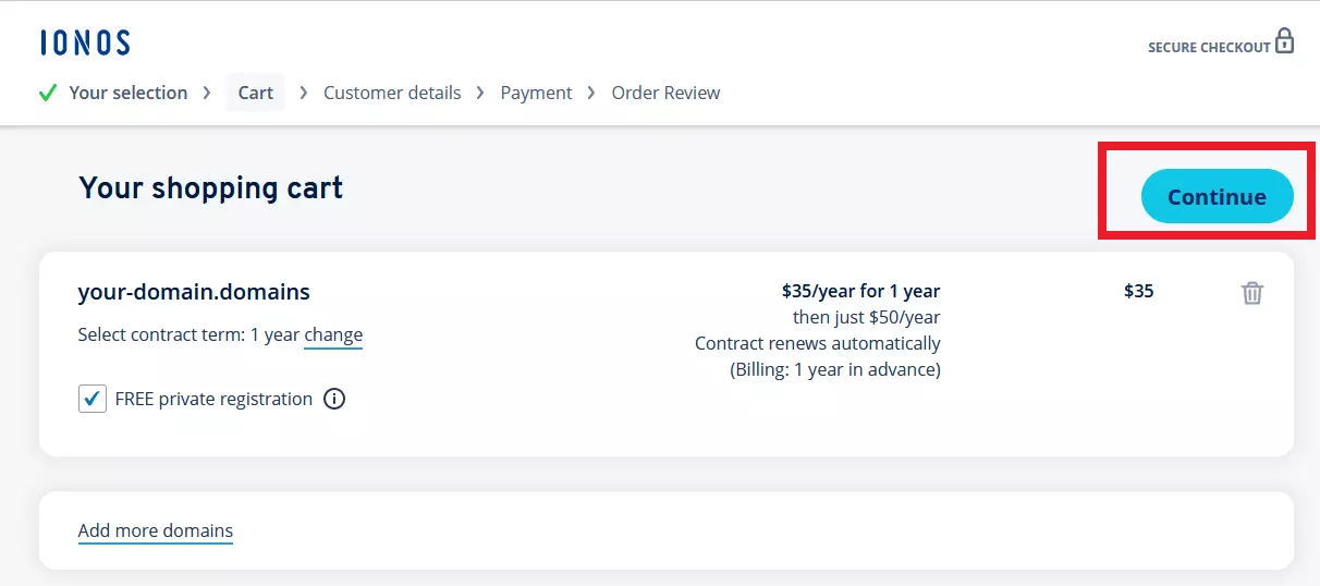 Image: How to buy a domain name with IONOS: shopping cart 