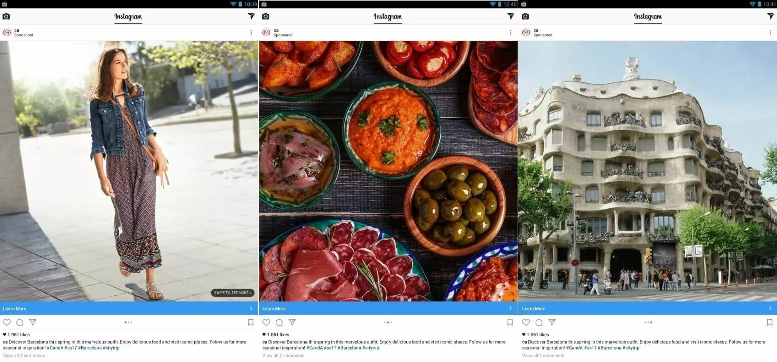 Image: Carousel ad by C&A, first slide shows C&A clothing, second slide shows tapas, third slide shows Barcelona architecture